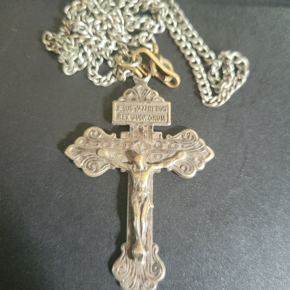 Vintage Ornate Crucifix Pendant Necklace 20 Inch Silver Tone Metal Dark Academia